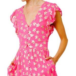 Ciebon Hot Pink Gold Loxi Metallic Star Print Maxi Dress